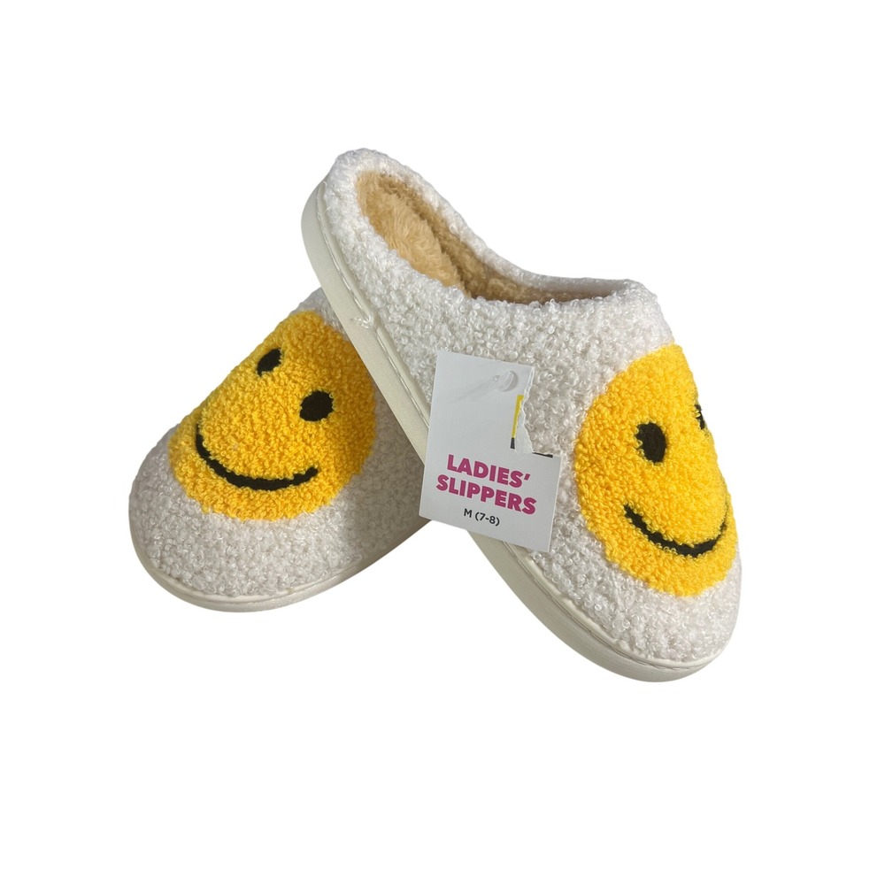 Ladies Smiley Face Slippers White Yellow Sherpa Fleece House Shoes Medium‎ 7-8